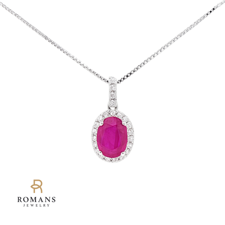 Oval Ruby Halo Pendant with Diamonds 14K White Gold .99CT