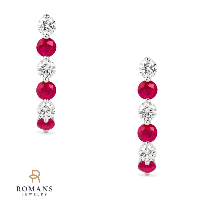 Classic Ruby Diamond Hoop Earrings Shared Prong 14K White Gold