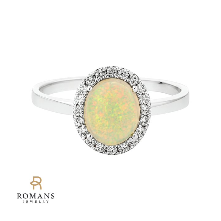Cabochon Ethiopian Opal & Diamond Halo Ring 14K White Gold