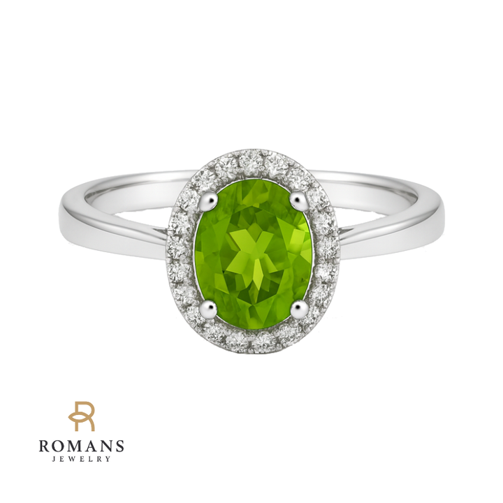 Classic Peridot Diamond Halo Cocktail Ring 14K White Gold 1.35CT