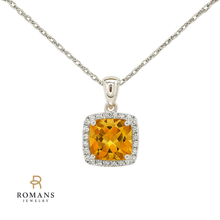 Citrine Diamond Halo Drop Pendant 14K White Gold 1.33CT