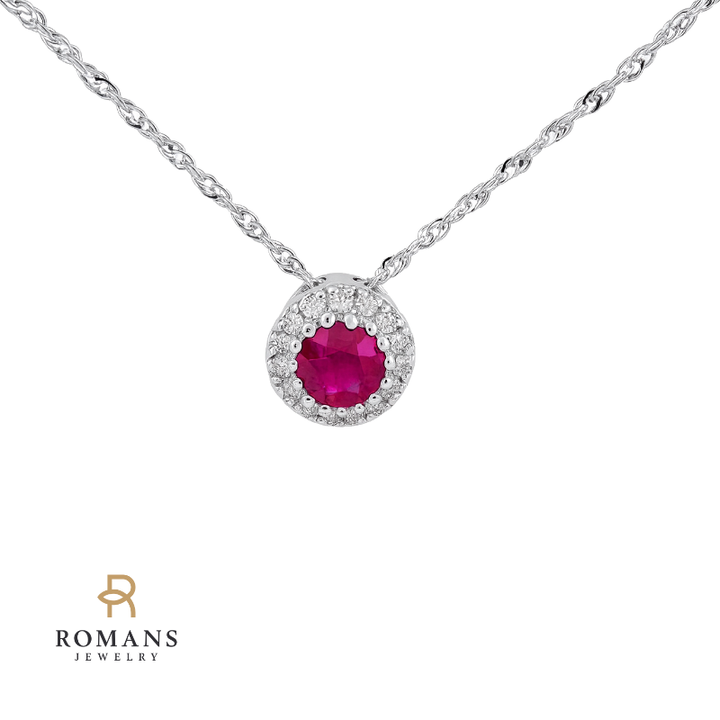 Elegant Ruby & Diamond Halo Pendant 14K White Gold .32CTW