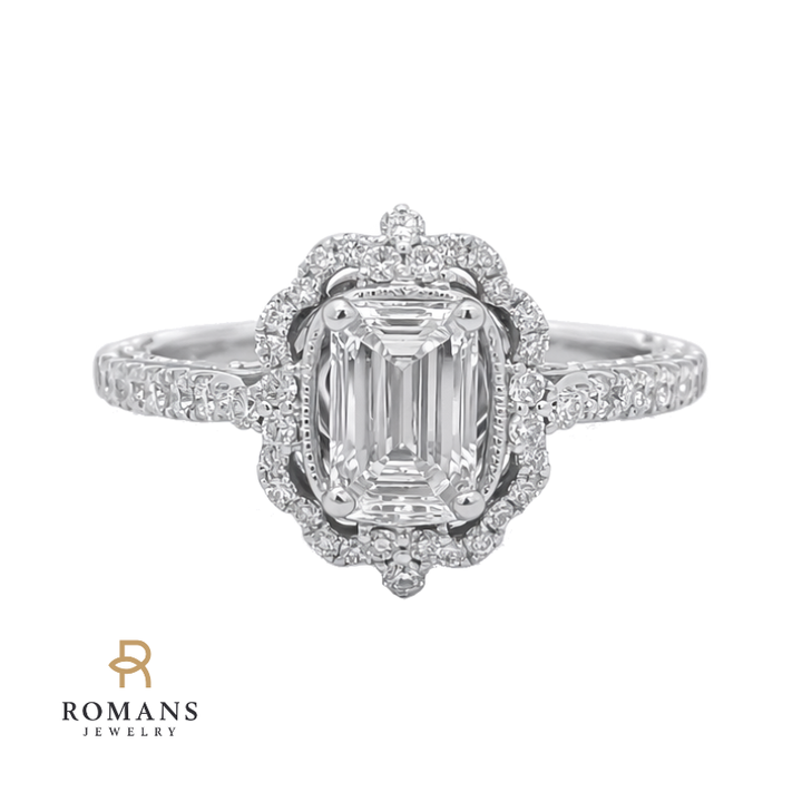Emerald-Cut Lab Diamond Halo Engagement Ring 14K White Gold 1.04CT