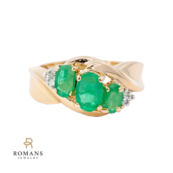 Emerald 3-Stone Diamond Ring 14K Yellow Gold .98CTW