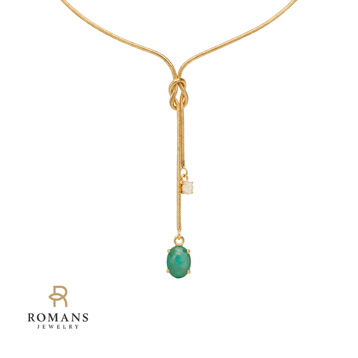Emerald & Diamond Knot Necklace 10K Yellow Gold .51CT