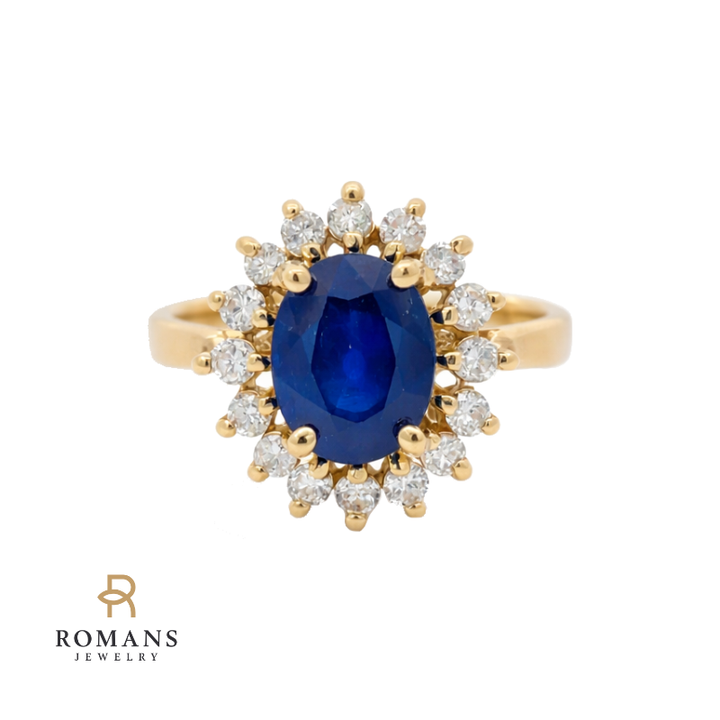 Sapphire Diamond Halo Ring 14K Yellow Gold 2.49CT