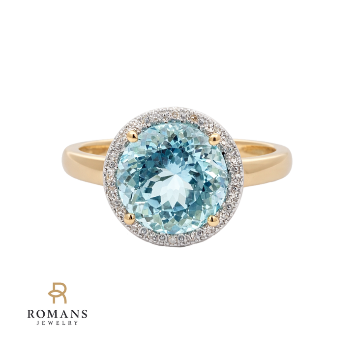 Aquamarine Diamond Halo Ring 14K Two Tone 3.36CT