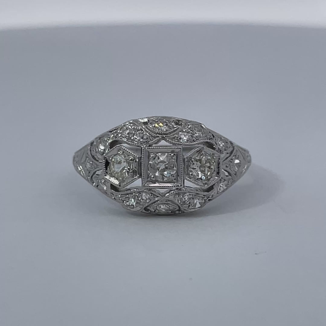 Old Mine Cut Diamond Vintage Filigree Dome Ring Platinum .60CTW