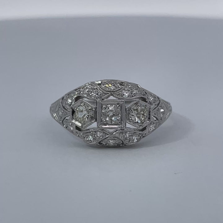 Old Mine Cut Diamond Vintage Filigree Dome Ring Platinum .60CTW