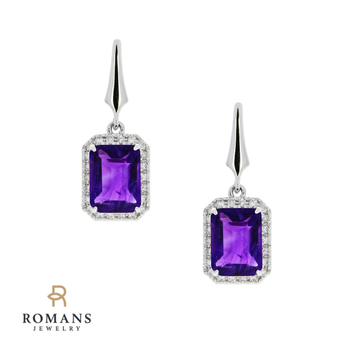 Amethyst Diamond Halo Dangle Earrings 14K White Gold