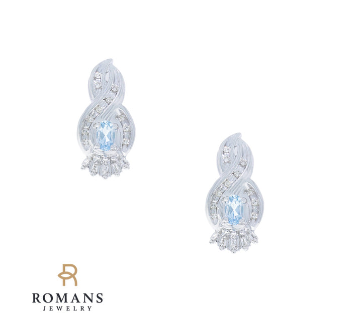 Aquamarine Diamond Earrings 14K White Gold .44CTW