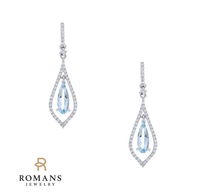 Aquamarine Diamond Halo Dangle Earrings 14K White Gold