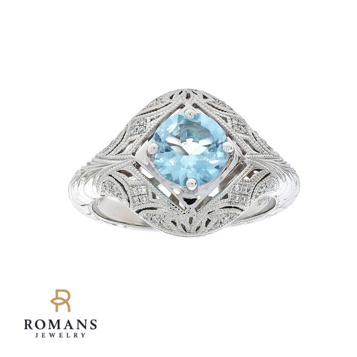 Aquamarine Diamond Vintage Inspired Ring 14K White Gold 1CT