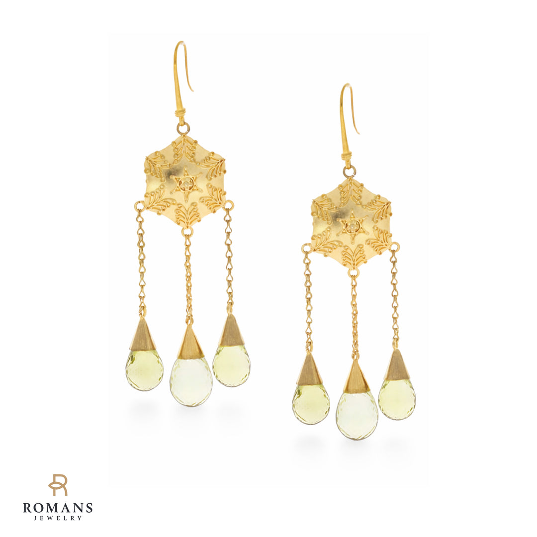 Lemon Quartz Dangling Earrings 22K Yellow Gold 42CTW