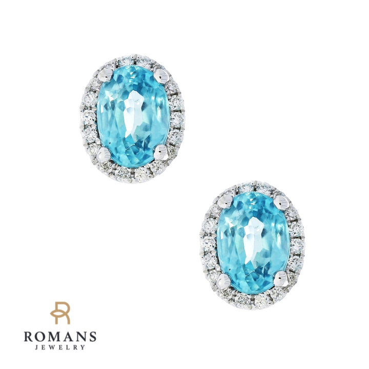 Blue Zircon Diamond Halo Stud Earrings 14K White Gold 2.48CTW