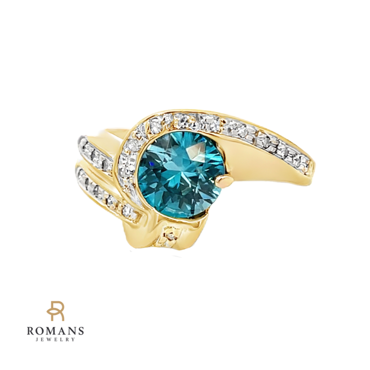 Blue Zircon Diamond Ring 14K Yellow Gold 2.72CT