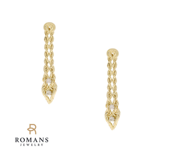 Braided Rope Chain Drop Diamond Earrings 14K Yellow Gold .08CTW