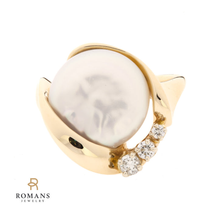 Button Pearl Diamond Ring 14K Yellow Gold