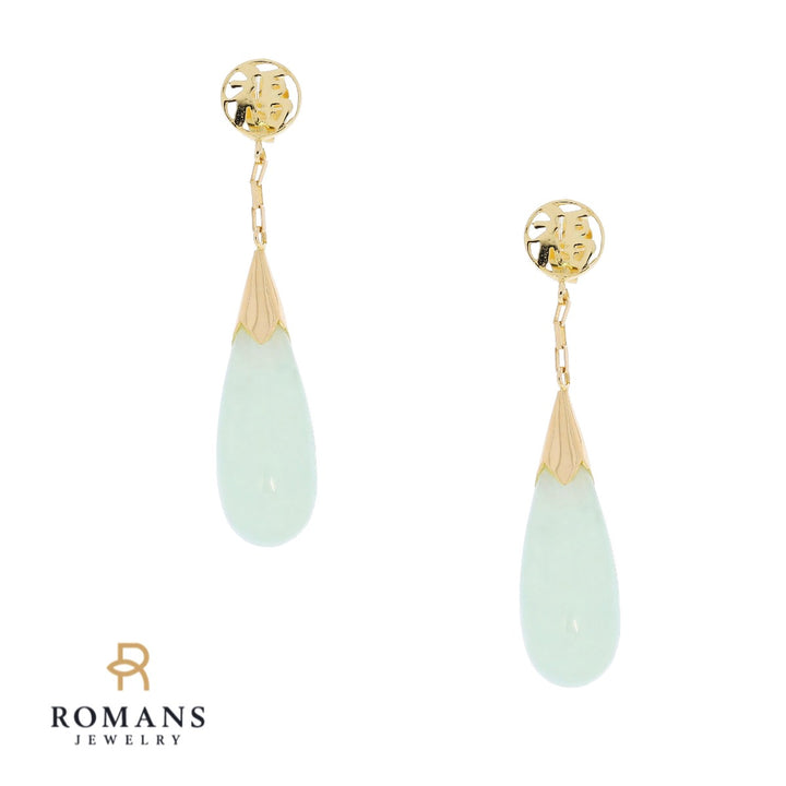 Chinese Fú 福 Tear Drop Jade Dangle Earrings 14K Yellow Gold