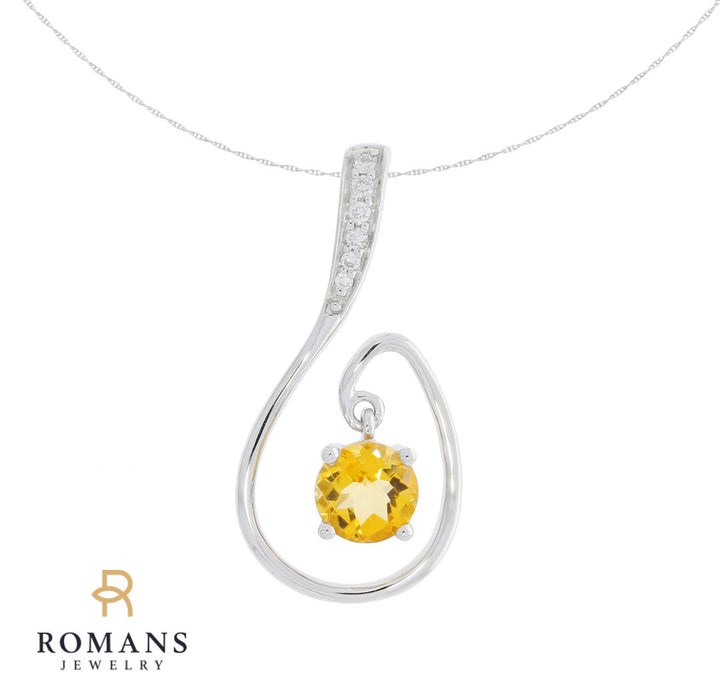 Citrine Diamond Freeform Pendant 14K White Gold .38CT