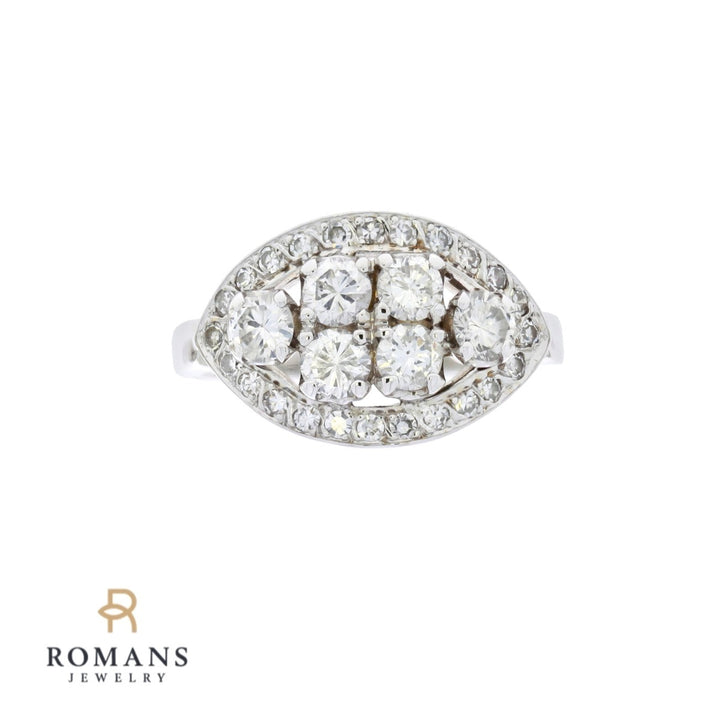 Diamond Cluster Ring Vintage 14K White Gold 1.02CT