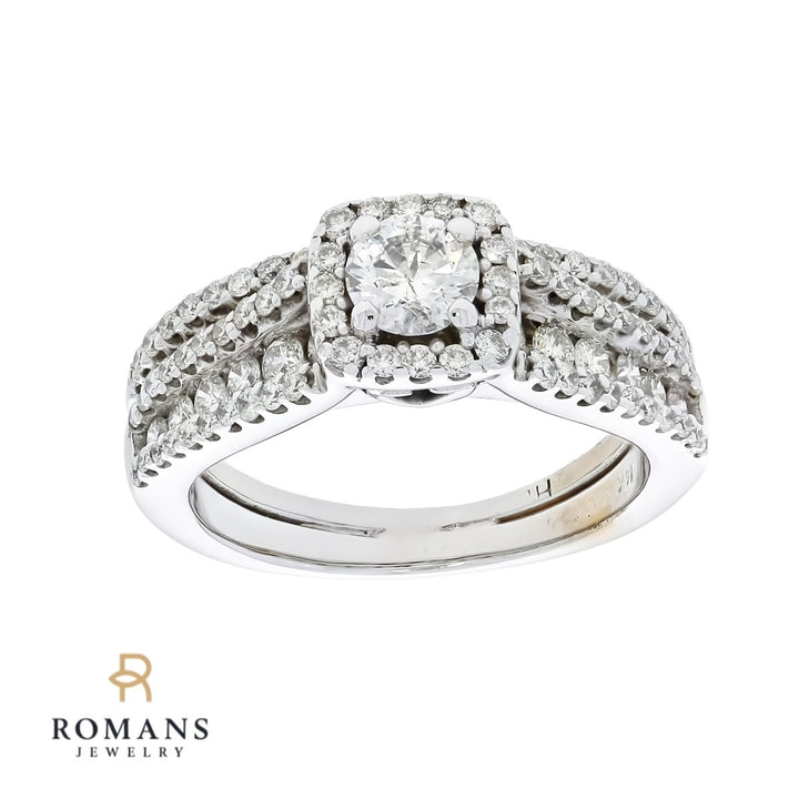 Diamond Halo Wedding Set 14K White Gold 1.10CT