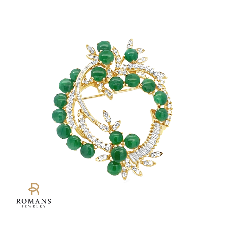 Jade & Diamond Brooch Pendant 18K Yellow Gold