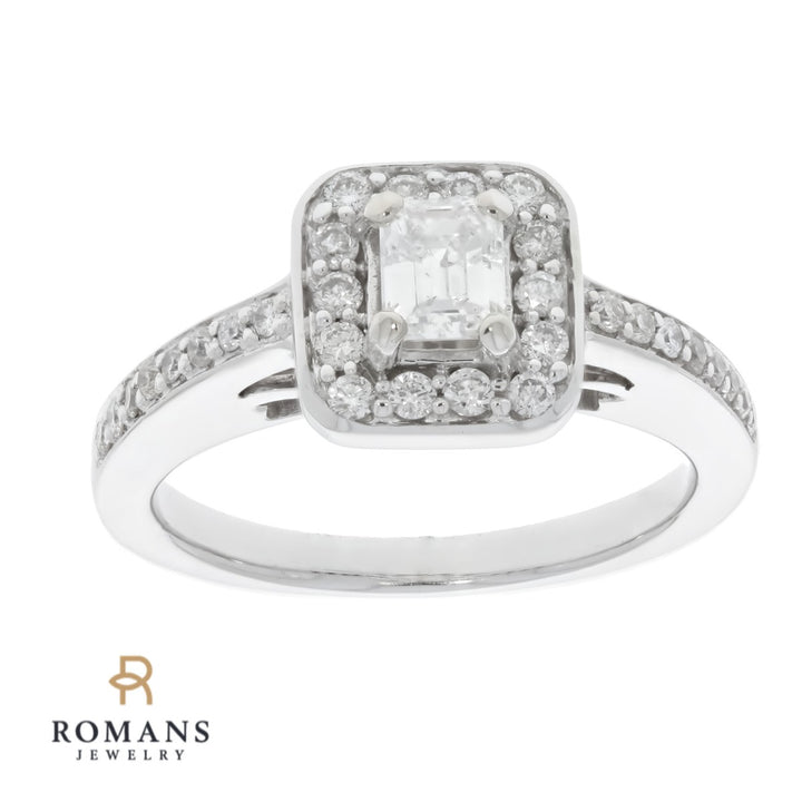 Emerald Cut Diamond Halo Engagement Ring 14K White Gold .37CT