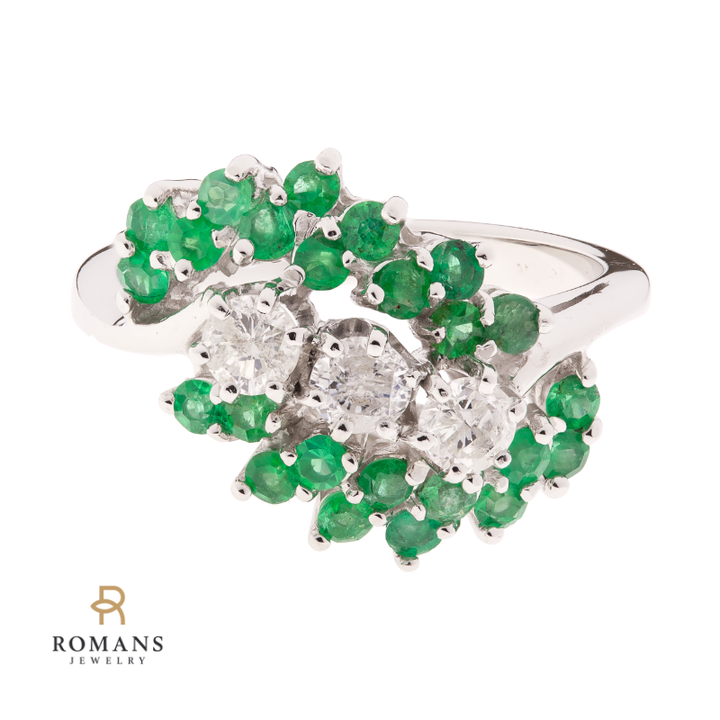 Emerald Diamond Cluster Ring 14K White Gold