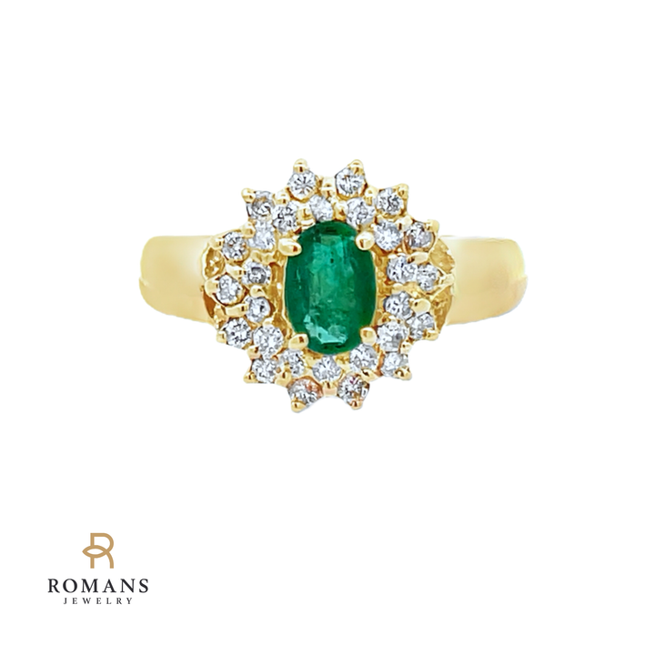 Flower Halo Emerald Diamond Ring 14K Yellow Gold 0.30CT