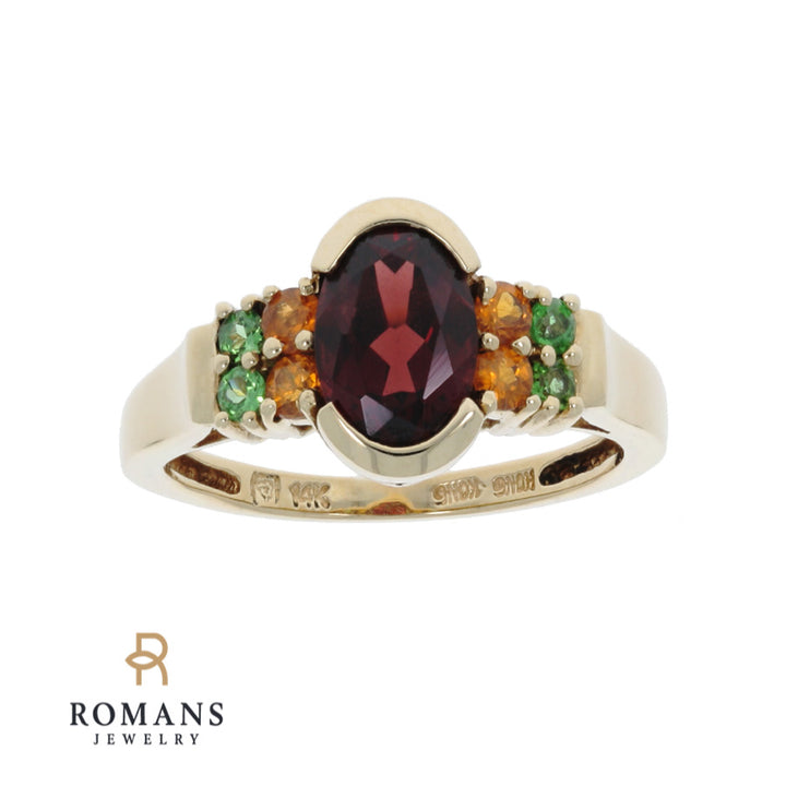 Garnet Citrine Tsavorite Ring 14K Yellow Gold 1.50 CT