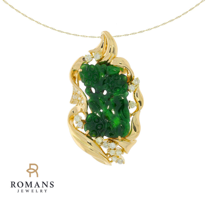 Jadeite Jade & Diamond Brooch Pendant 18K Yellow Gold .38CT