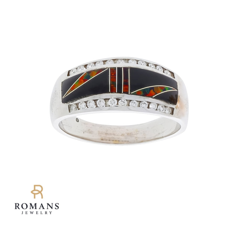Men's Onyx Diamond Opal Ring 14K White Gold