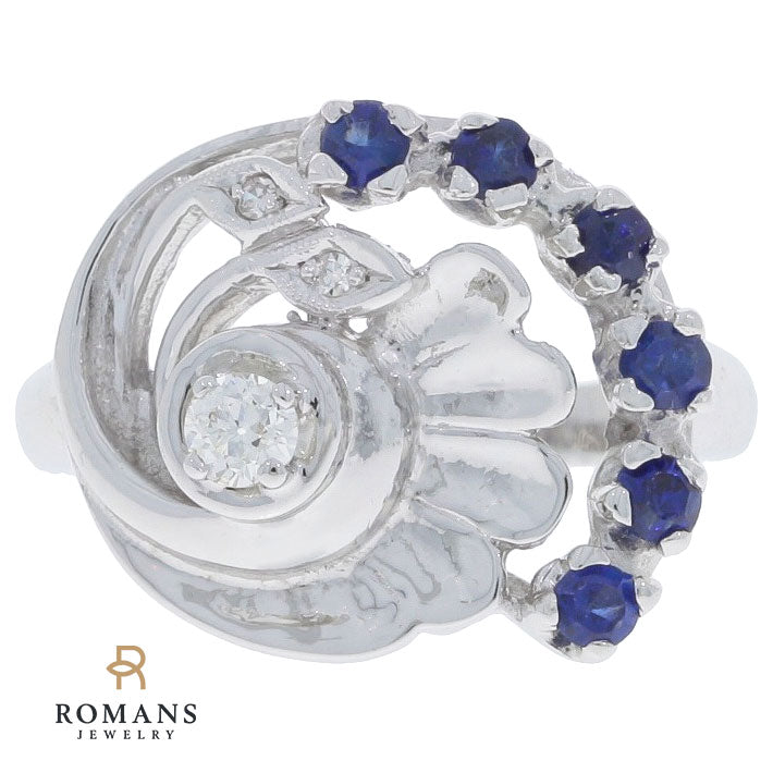 Old European Cut Diamond Blue Sapphire Ring 14K White Gold