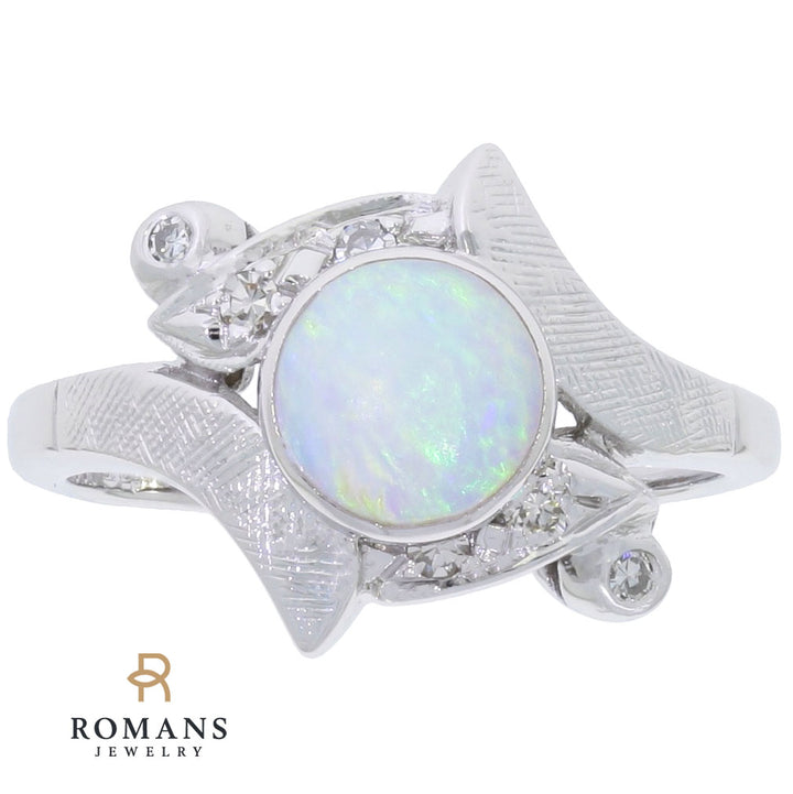 Opal Diamond Art Deco Ring 14K White Gold