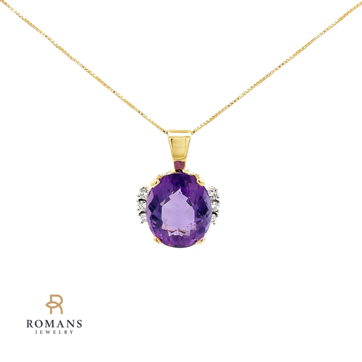Oval Amethyst Diamond Pendant 14K Yellow Gold 12.17CT