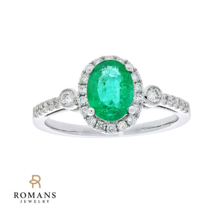 Oval Emerald Diamond Halo Ring 14K White Gold 1.16CT