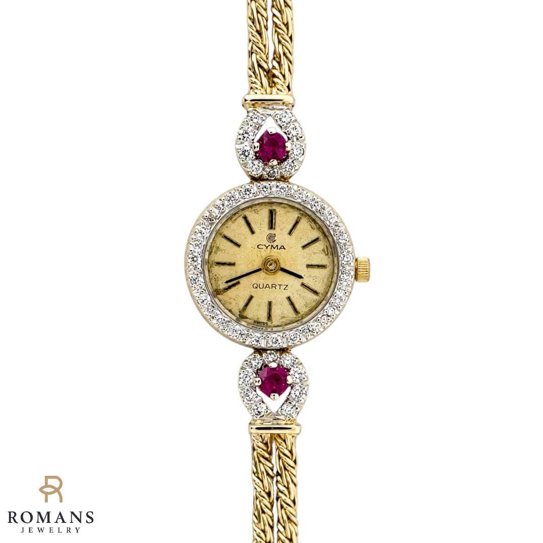 Vintage Cyma 14K Yellow Gold Diamond Ruby Quartz Bracelet Watch 17mm