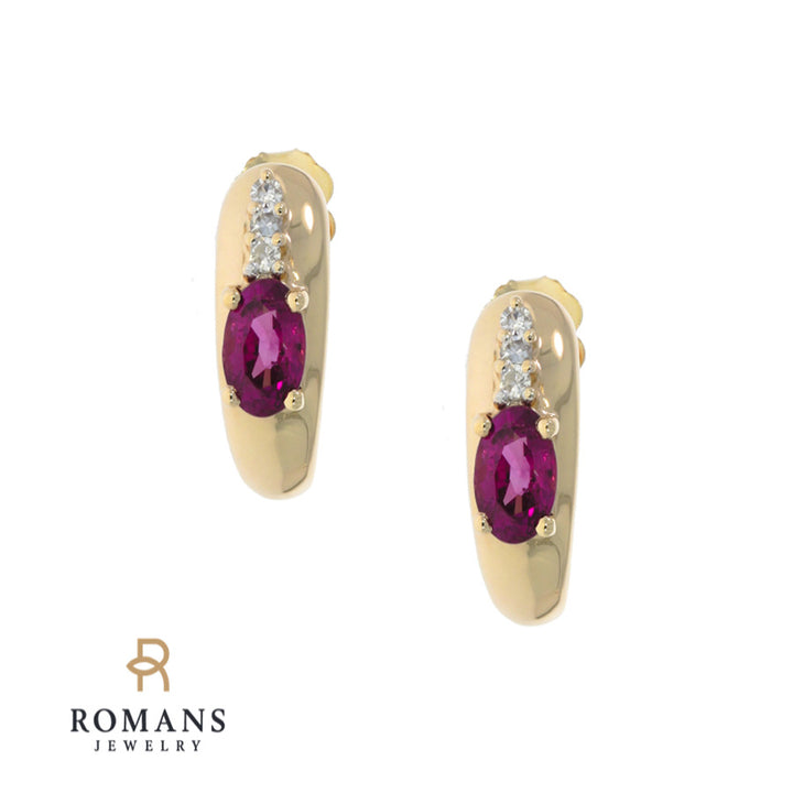 Pink Sapphire Diamond Semi Hoop Earrings 14K Yellow Gold