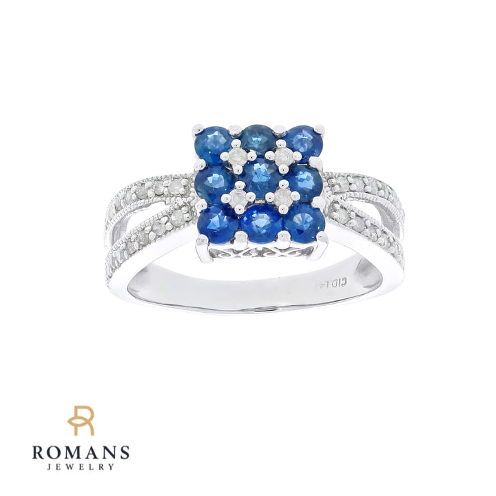 Sapphire Cluster Diamond RIng 14K White Gold 1.17 CTW
