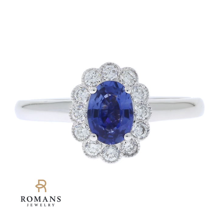 Sapphire Diamond Halo Ring 18K White Gold 1 CT