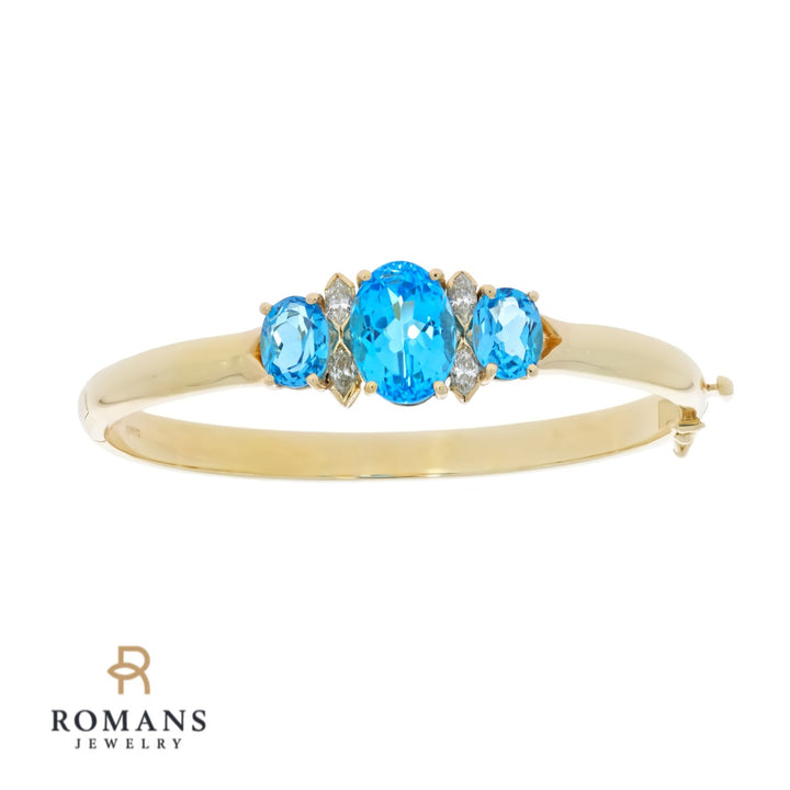 Swiss Blue Topaz Diamond Bangle Bracelet 14K Yellow Gold