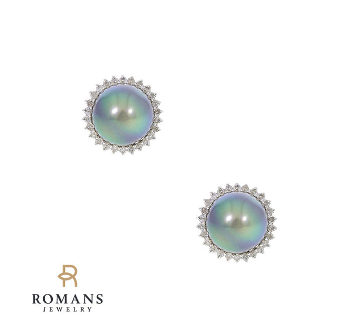 Tahitian Pearl Diamond Halo Stud 14K Yellow Gold 9.5MM