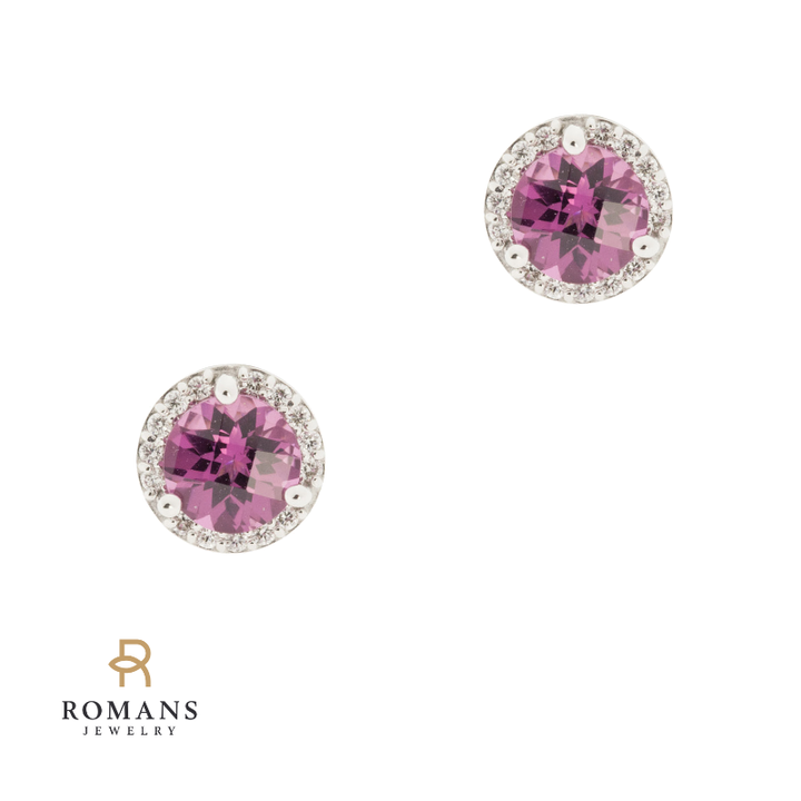 Tanzanian Cranberry Rhodolite Garnet Diamond Halo Stud Earrings 14K White Gold