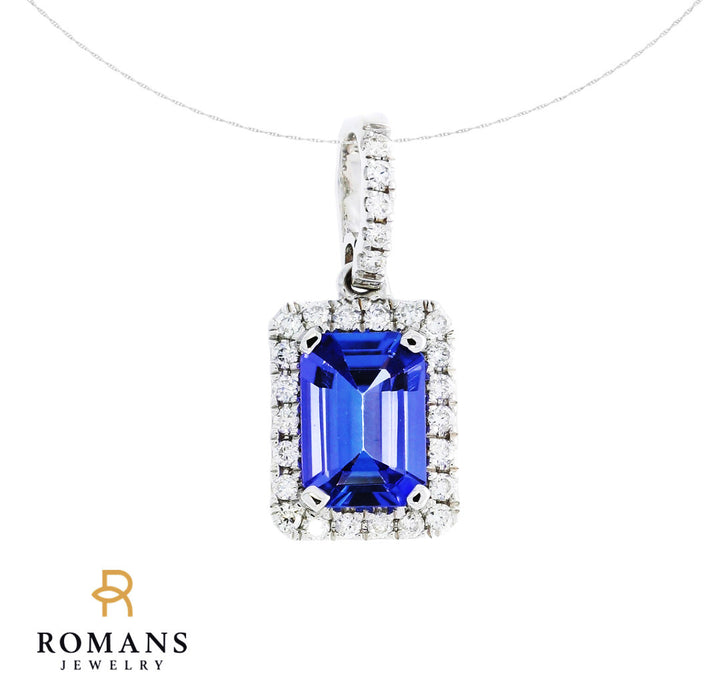 Tanzanite Diamond Halo Pendant 14K White Gold .98CT