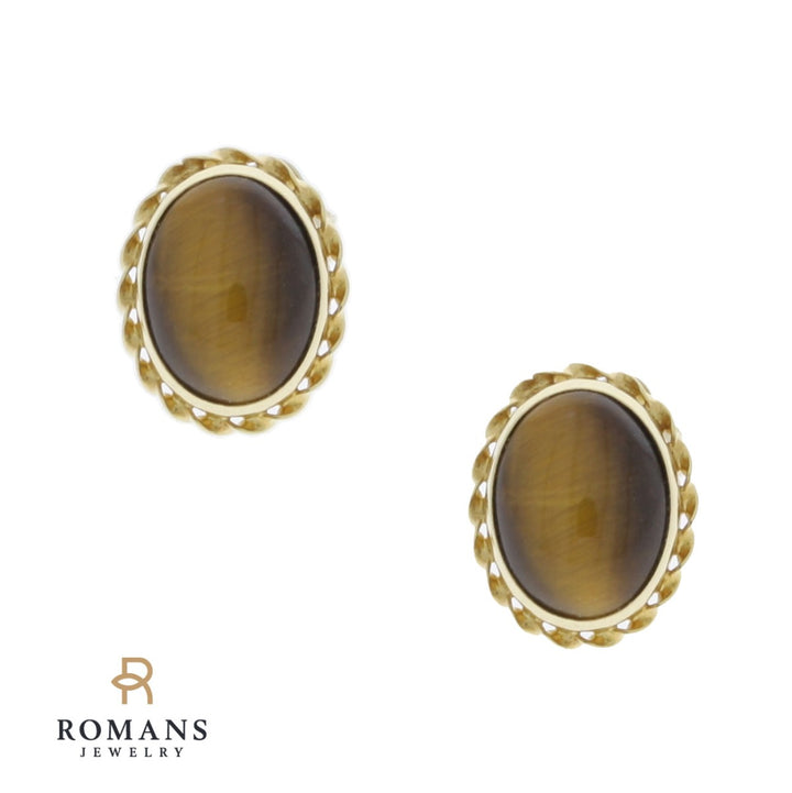 Tigers Eye Stud Earrings 14K Yellow Gold