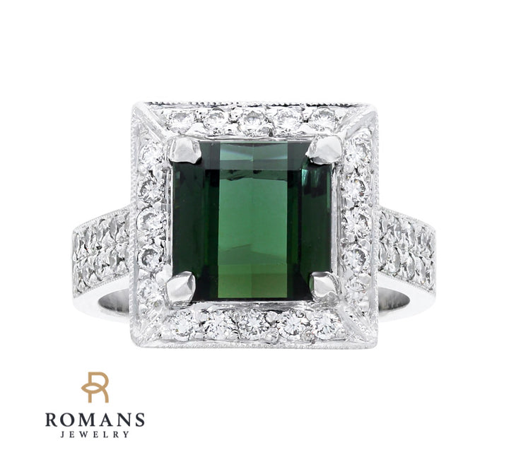 Tourmaline Diamond Halo Ring 14K White Gold 3.13 CT