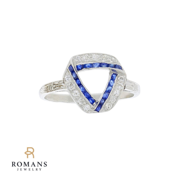 Vintage Triangle Diamond Sapphire Ring Platinum .33 CTW
