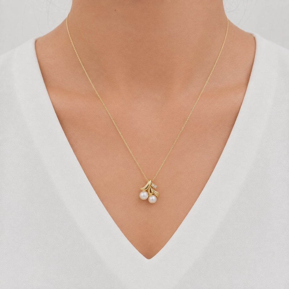 Pearl Diamond Fruit Pendant 14K Yellow Gold