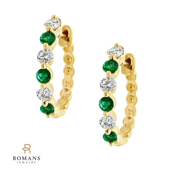 Emerald  Diamond Shared Half Hoop Earring 14k Yellow Gold 14MM